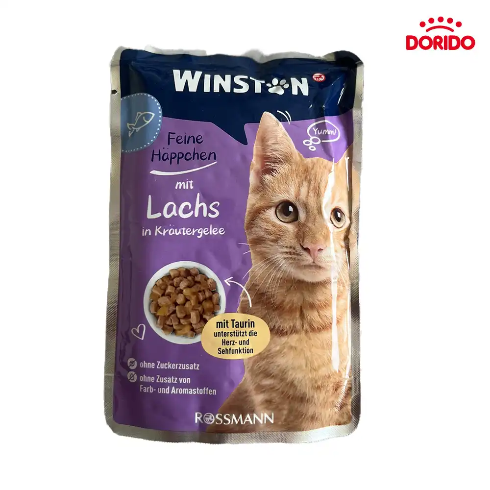 پوچ گربه وینستون با طعم سالمون در ژله گیاهی مدل Winston Feine Happchen mit Lachs in Krautergelee وزن 100 گرم پوچ گربه وینستون با طعم سالمون در ژله گیاهی مدل Winston Feine Happchen mit Lachs in Krautergelee وزن 100 گرم