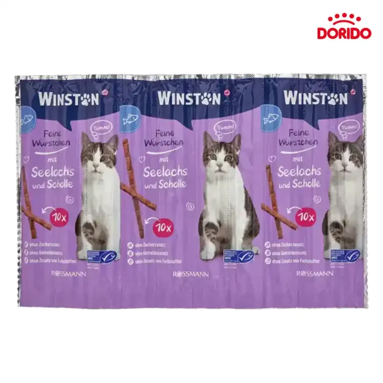 تشویقی مدادی گربه وینستون با طعم سالمون و ماهی آزاد Winston Feine Würstchen mit Seelachs und Scholle یک عددی