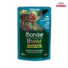 پوچ گربه مونژه استرلایزد مدل BWild Grain Free Adult با طعم ماهی تن، شاه میگو و سبزیجات وزن 85 گرم