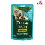 پوچ گربه مونژه استرلایزد مدل BWild Grain Free Adult با طعم ماهی کد، شاه میگو و سبزیجات وزن 85 گرم