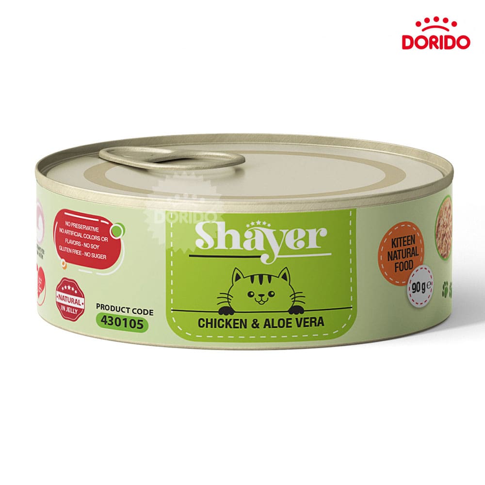کنسرو غذای بچه گربه نچرال شایر با طعم مرغ و آلوئه ورا مدل Shayer Natural Chicken with Aloe Vera وزن 90 گرم
