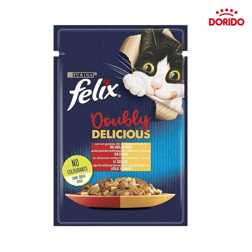 پوچ گربه فلیکس با طعم گوشت گاو و مرغ در ژله مدل Felix Delicious with Beef & Chicken in Jelly وزن 85 گرم