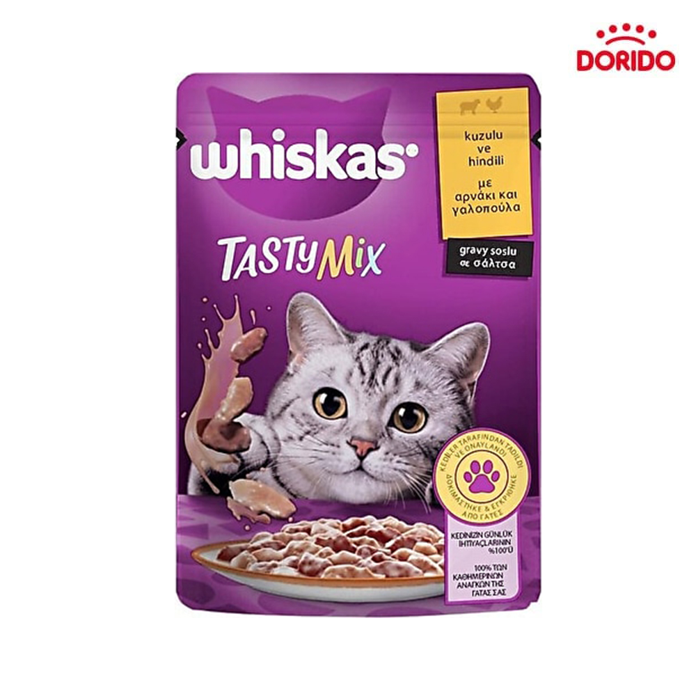 پوچ گربه ویسکاس با طعم بره و بوقلمون در سس مدل Whiskas Tasty Mix with Lamb & Turkey وزن 85 گرم