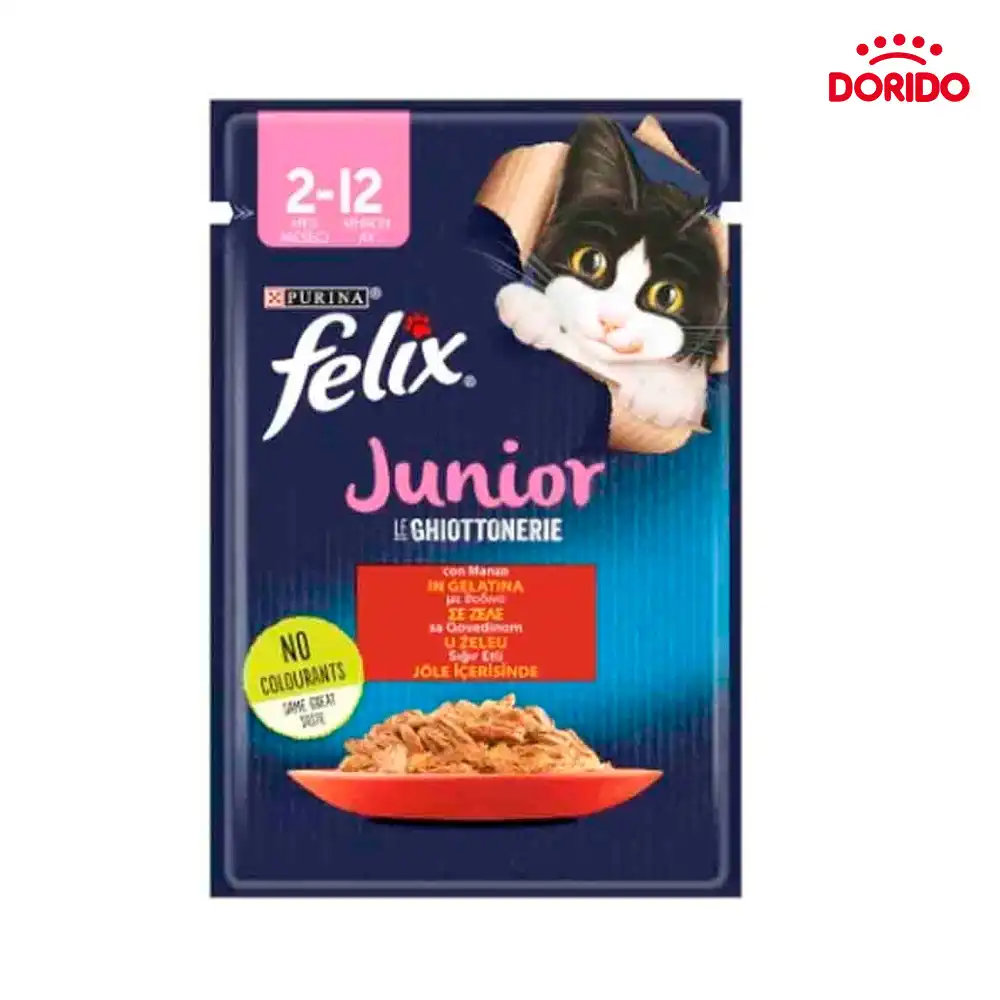 پوچ بچه گربه فلیکس با طعم گوشت گاو در ژله مدل Felix Junior with Beef in Jelly وزن 85 گرم