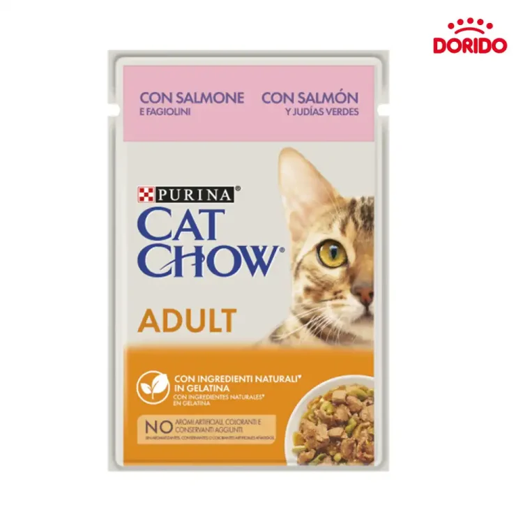 پوچ گربه پورینا کت چاو با طعم سالمون و لوبیا سبز مدل Purina Cat Chow with Salmon and Green Beans وزن 85 گرم