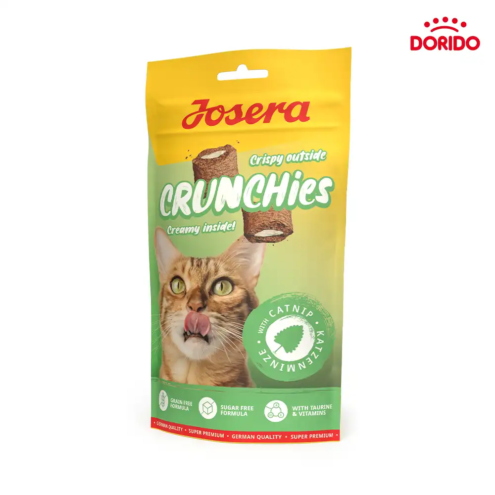 تشویقی مغزدار کرانچی گربه جوسرا حاوی کت نیپ مدل Josera Crunchies Catnip، میان‌وعده‌ای سالم با پوسته ترد و مغز نرم کت نیپ، برای افزایش نشاط و سرگرمی گربه‌ها.