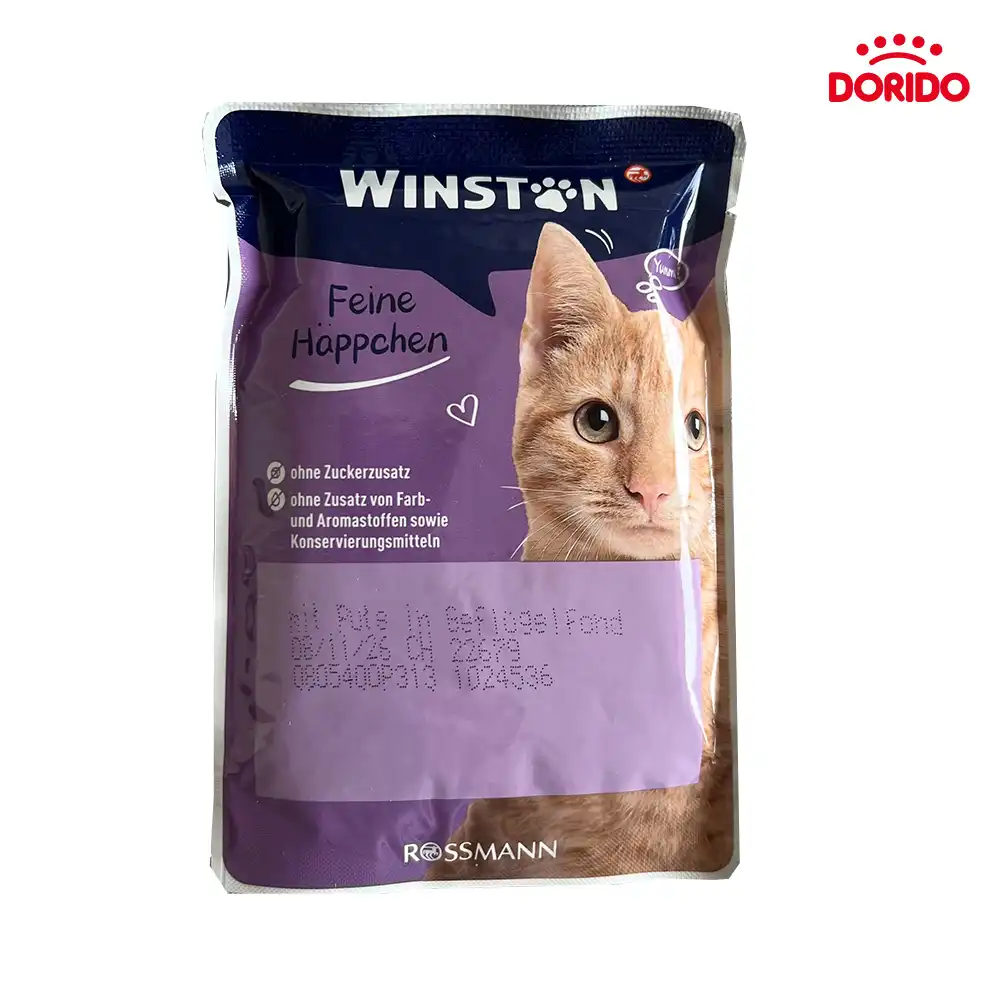 پوچ گربه Winston مدل Feine Häppchen mit Pute in Geflügelfond، غذای مرطوب با تکه‌های بوقلمون در سس مرغ، با taurine و فرمول بدون افزودنی