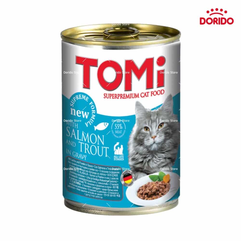 کنسرو غذای گربه تامی با طعم سالمون و قزل آلا وزن 400 گرم